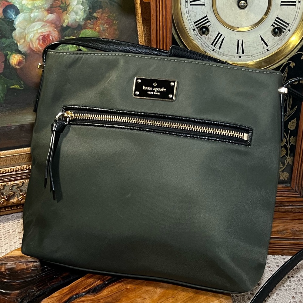 Kate Spade New York Olive Green Nylon Crossbody Bag Logo Plaque Zip Pocket
